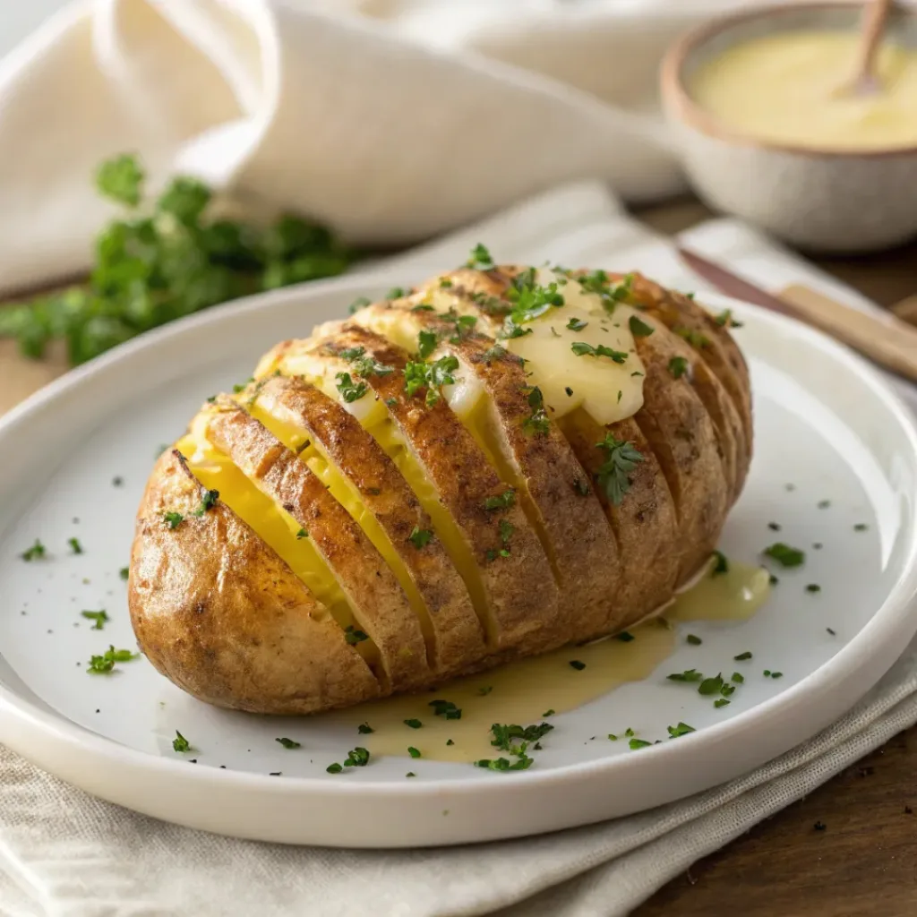 Hasselback Potatoes – Crispy Edges, Soft Centers 8 Hasselback potato served on a plate with herbs and butter