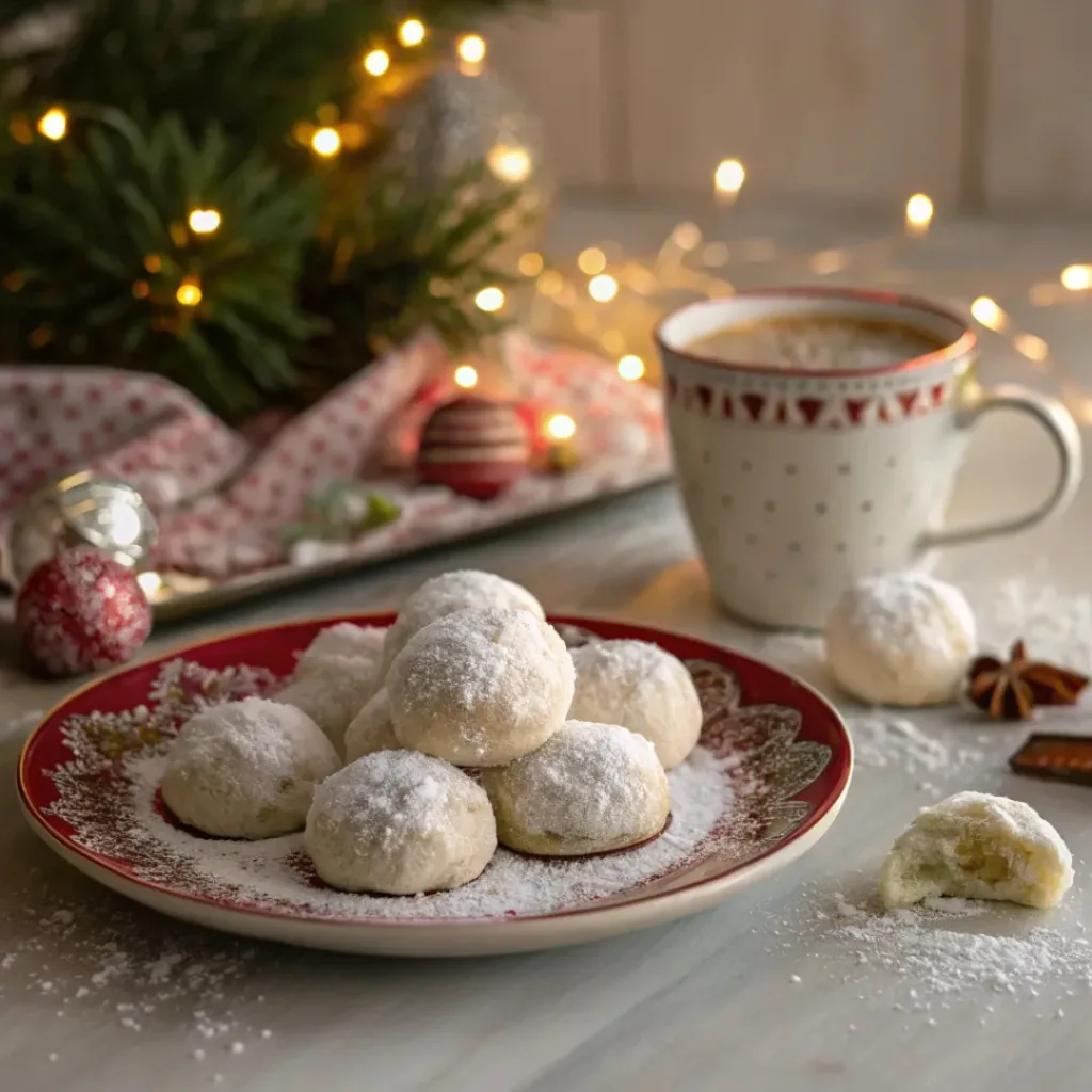 Snowball Cookies with Powdered Sugar 8 Snowball Cookies served with a warm drink