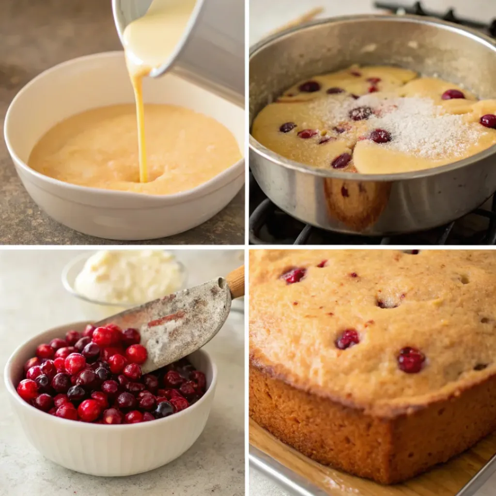 Step-by-step collage of making cranberry upside down cake