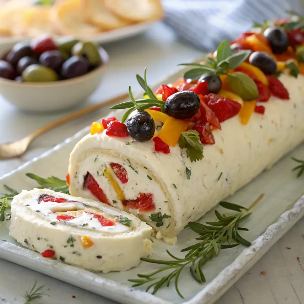 Sliced antipasto cream cheese log on a serving platter