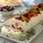 Sliced antipasto cream cheese log on a serving platter