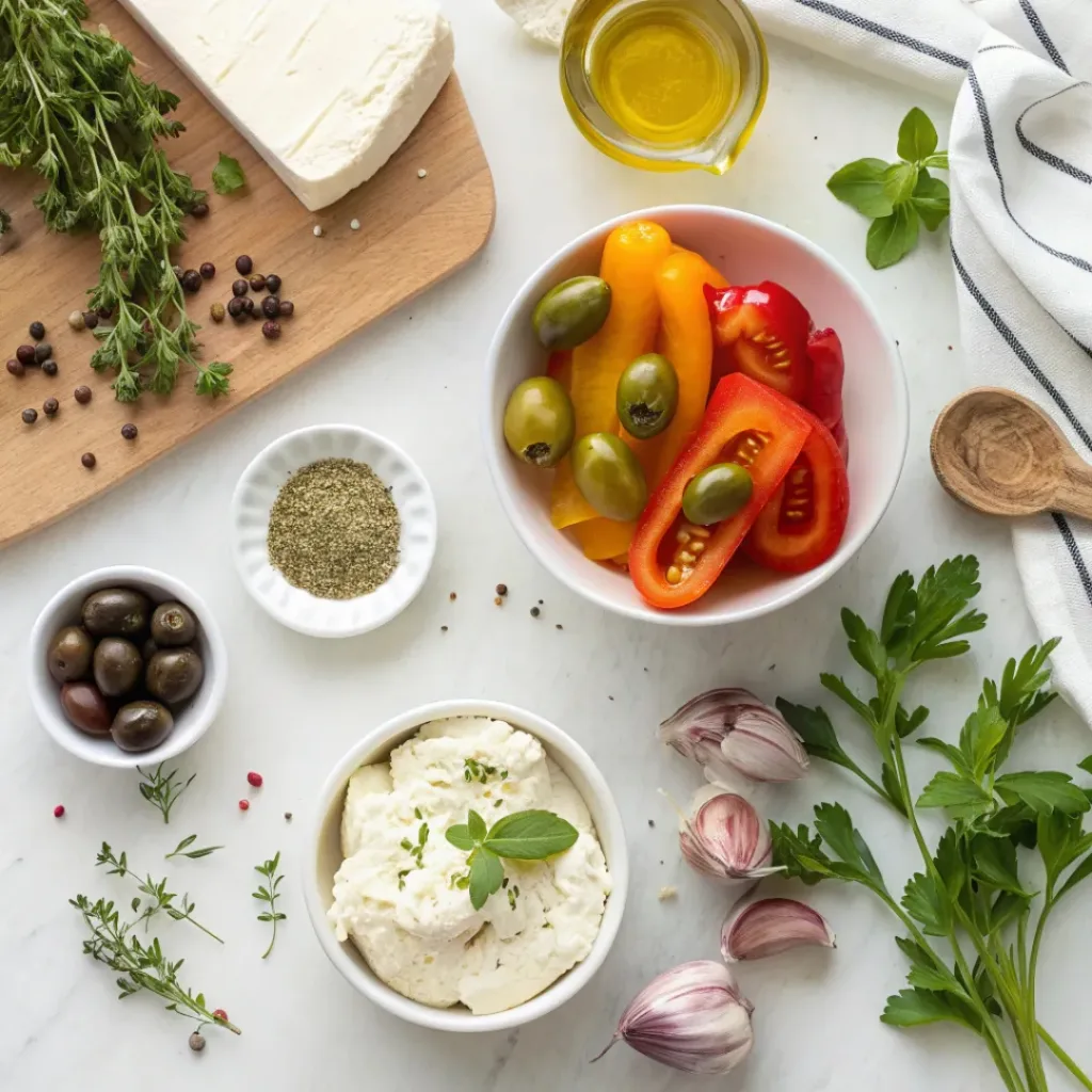 Flat lay of cream cheese, olives, peppers, and herbs