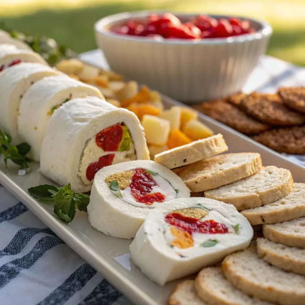 Cream cheese log served with crackers and herbs