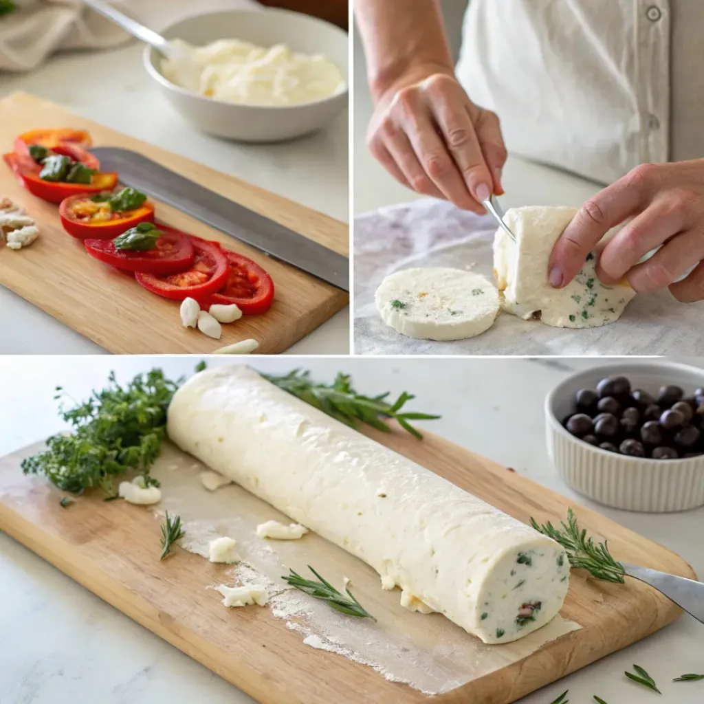 Collage showing steps to make Antipasto Cream Cheese Log