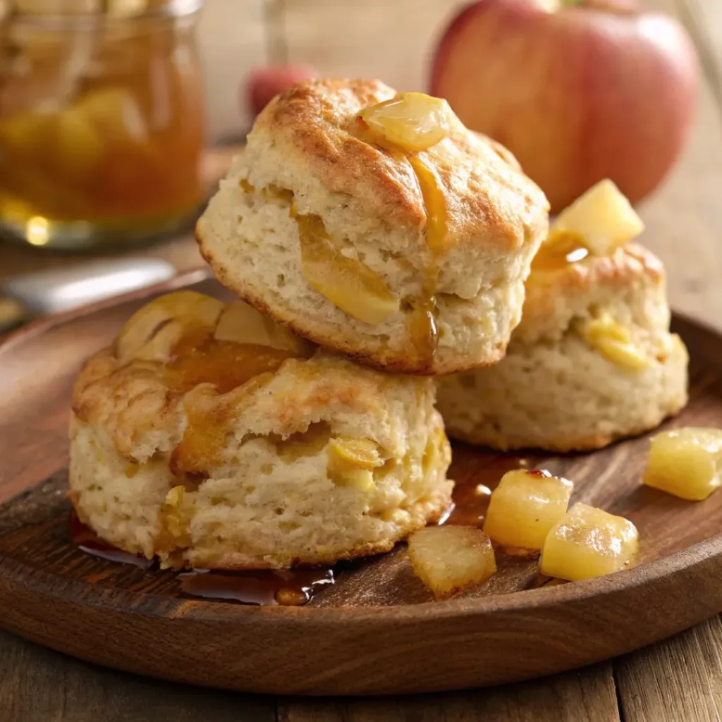 Stack of fluffy apple biscuits topped with melting honey butter