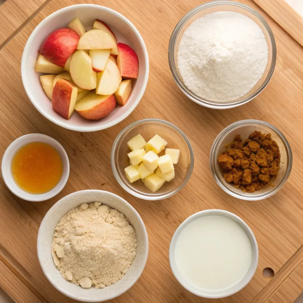 Overhead flat lay of ingredients for fluffy apple biscuits with honey butter
