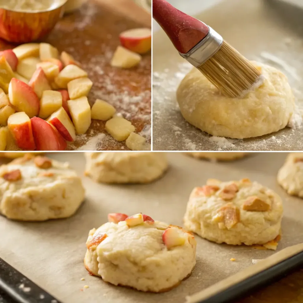 Step-by-step collage showing preparation of fluffy apple biscuits