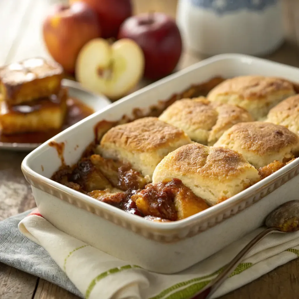 Apple butter biscuit breakfast bake with golden biscuits, melted cheese, and baked eggs