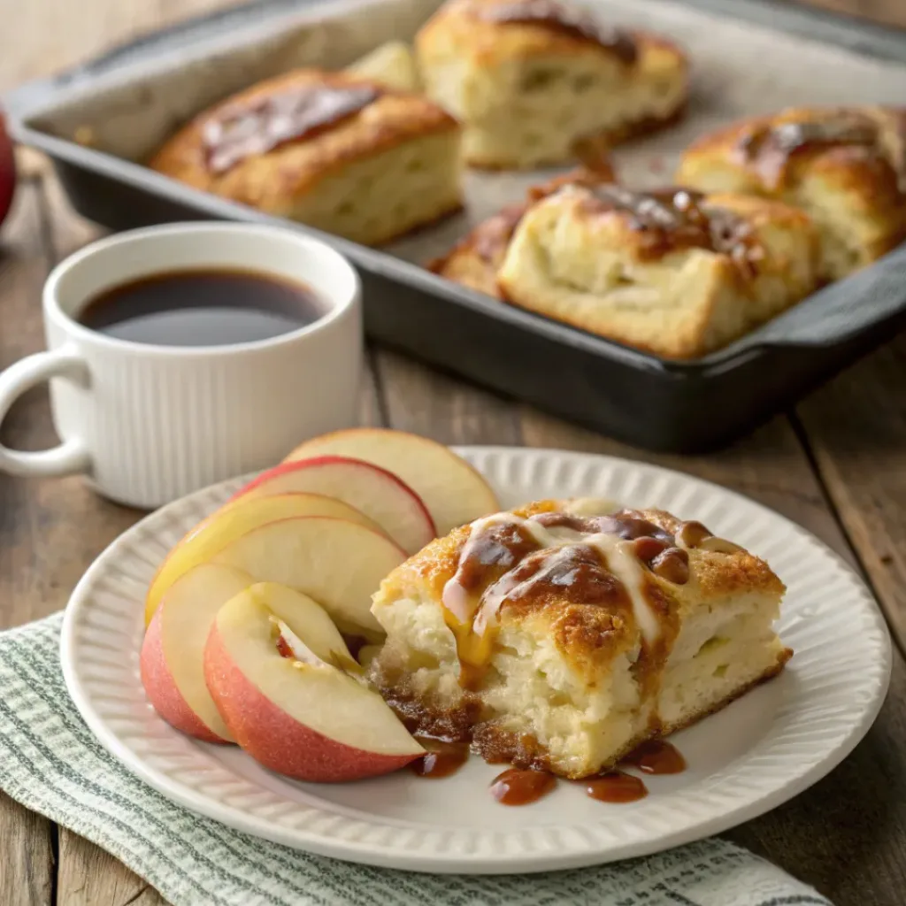 Plate of apple butter biscuit breakfast bake with apple slices and coffee