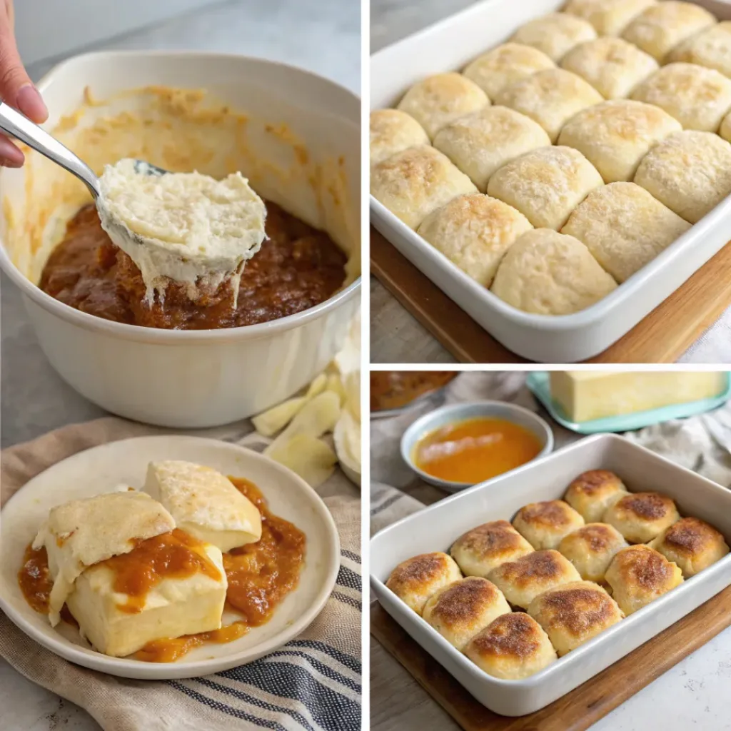 Step-by-step collage showing preparation of apple butter biscuit breakfast bake