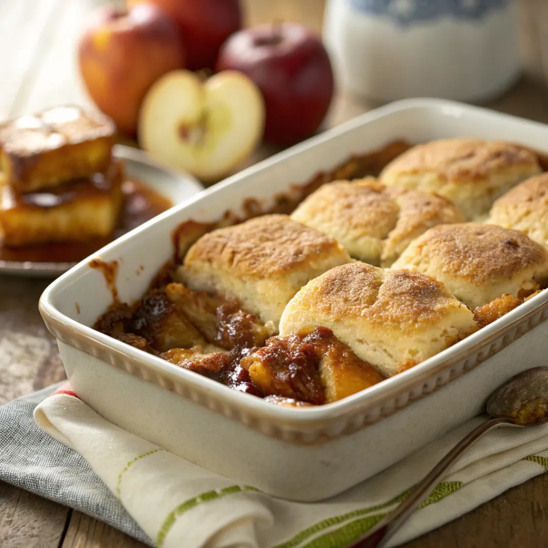 Apple butter biscuit breakfast bake with golden biscuits, melted cheese, and baked eggs