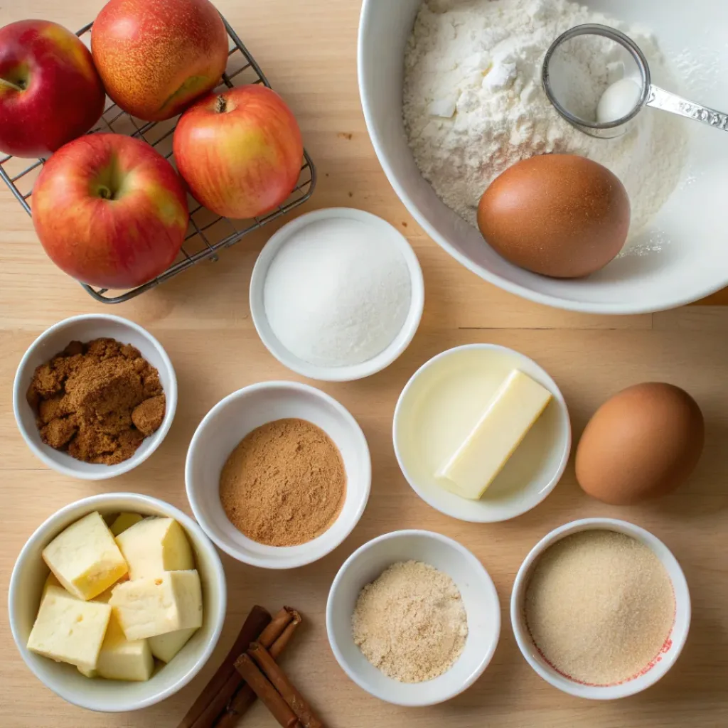 Flat lay of apples, sugar, flour, spices, butter, and eggs for apple crumble cupcakes