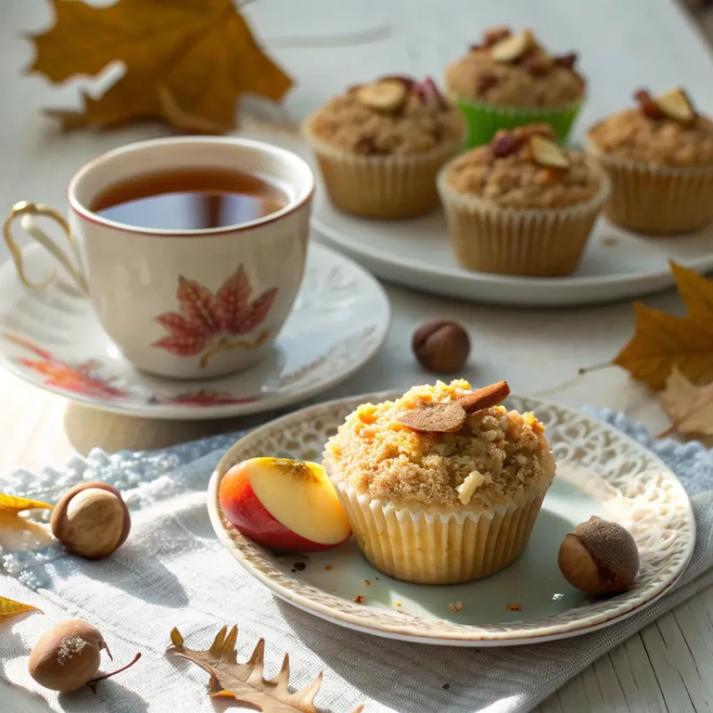 Spiced apple crumble cupcakes served with a cup of tea