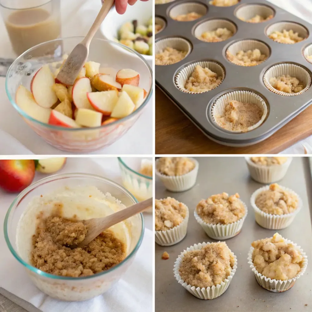 Step-by-step collage showing preparation of apple crumble cupcakes