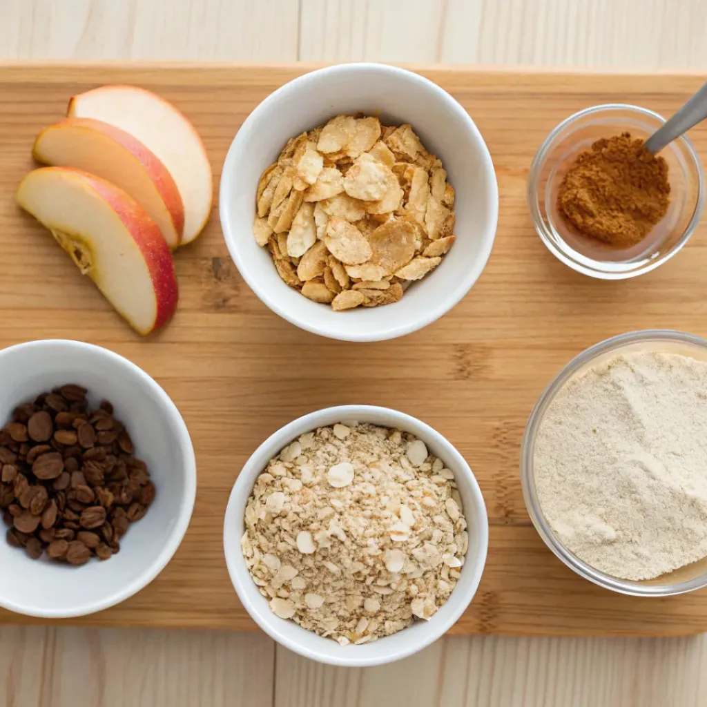 Flat lay of oats, dried apple pieces, protein powder, almond butter, and cinnamon