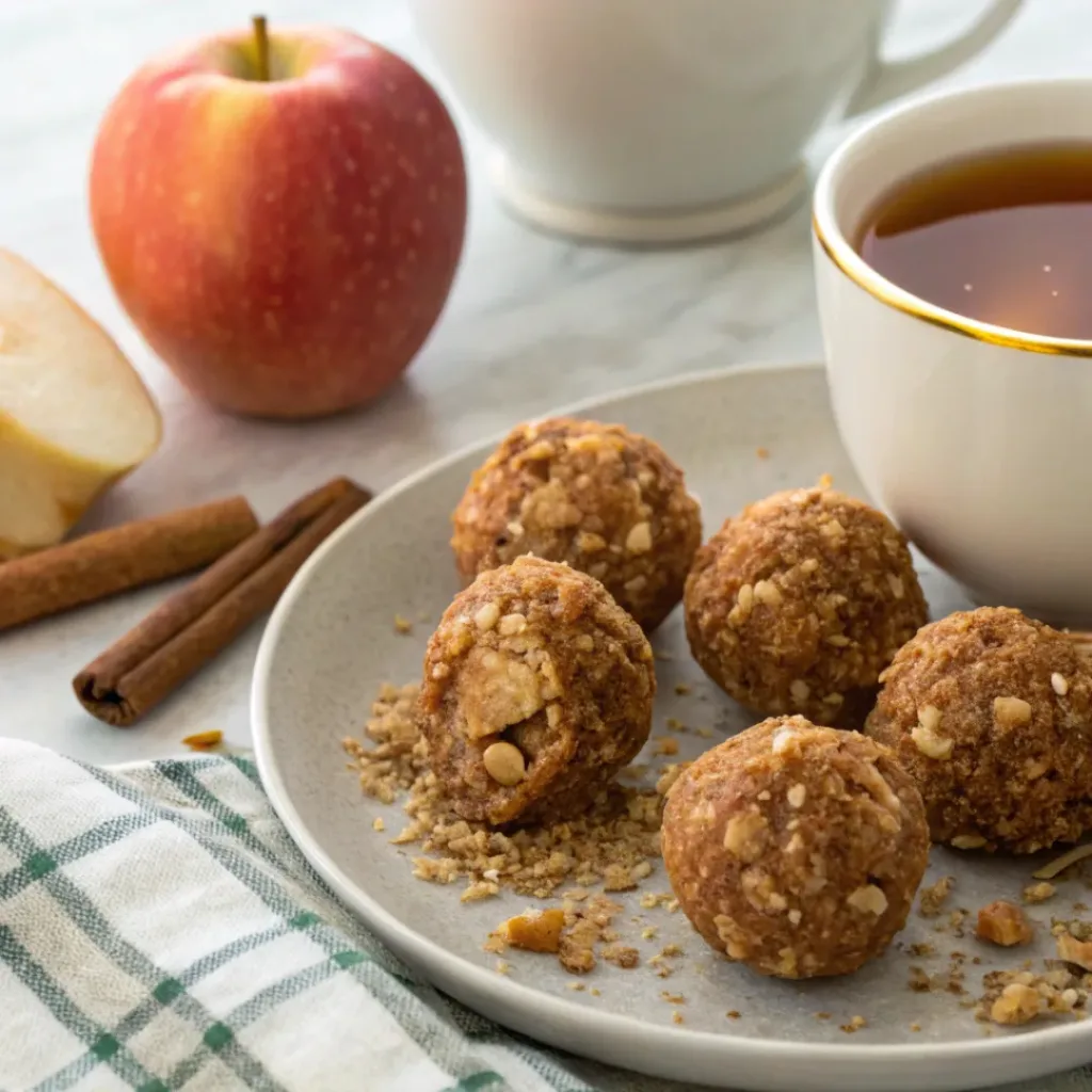 Plate of apple pie protein balls with a cup of cinnamon tea