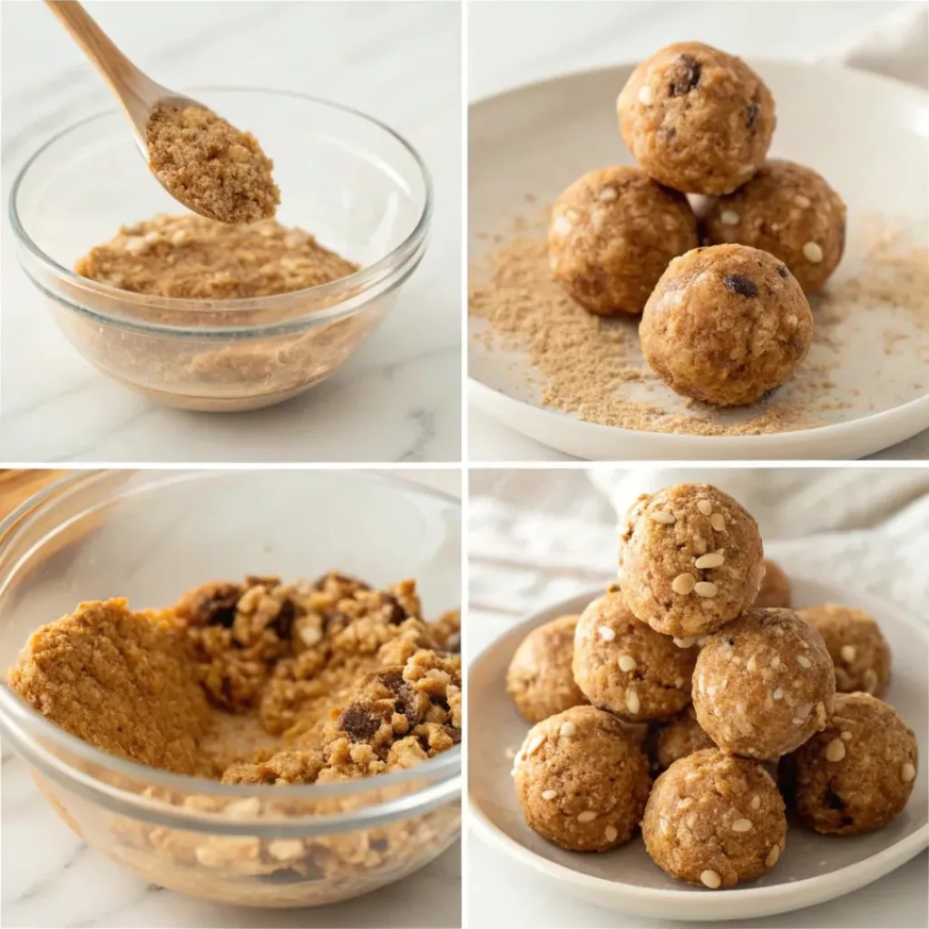 Step-by-step collage showing preparation of apple pie protein balls
