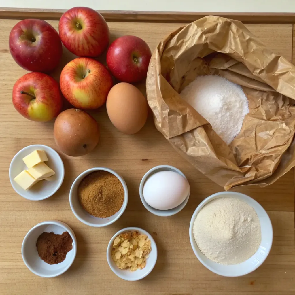 Flat lay of apples, sugar, butter, flour, and spices for apple slab pie