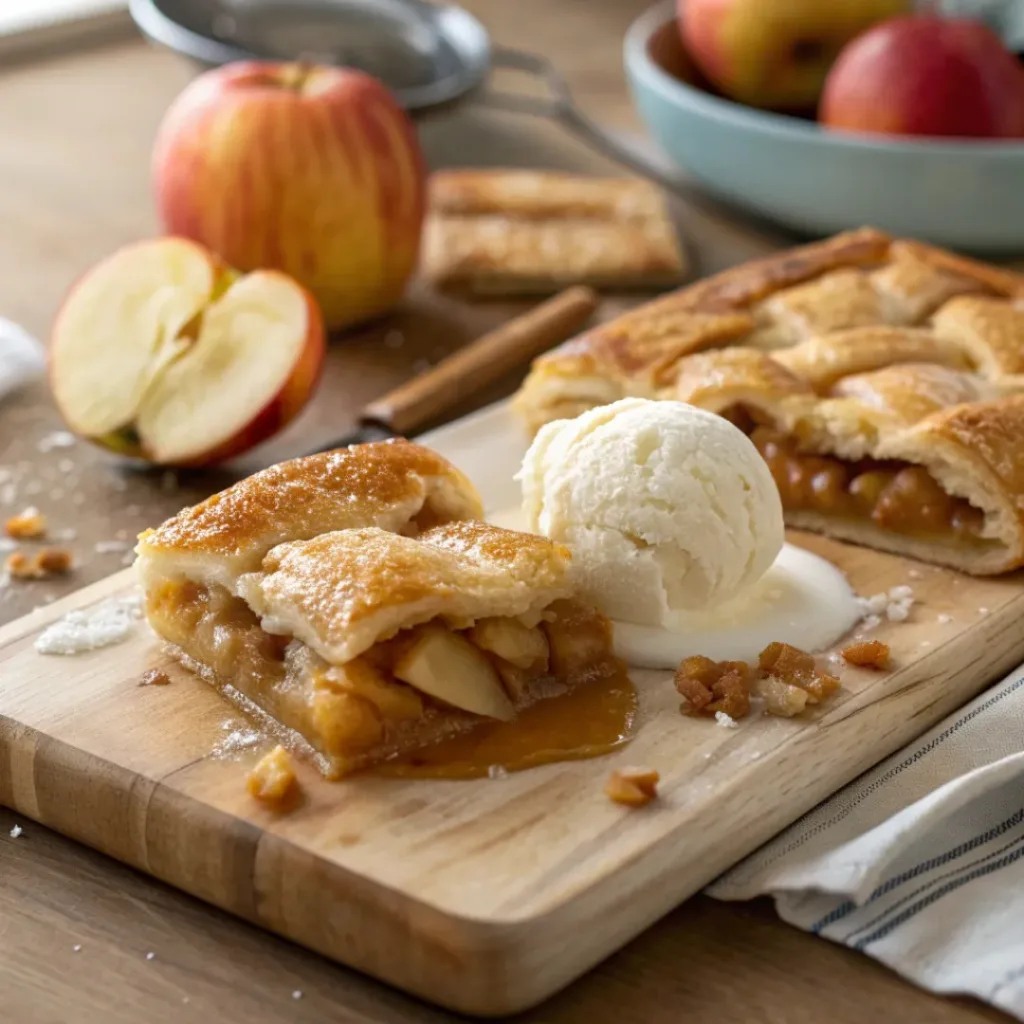Apple slab pie with golden crust, served with ice cream