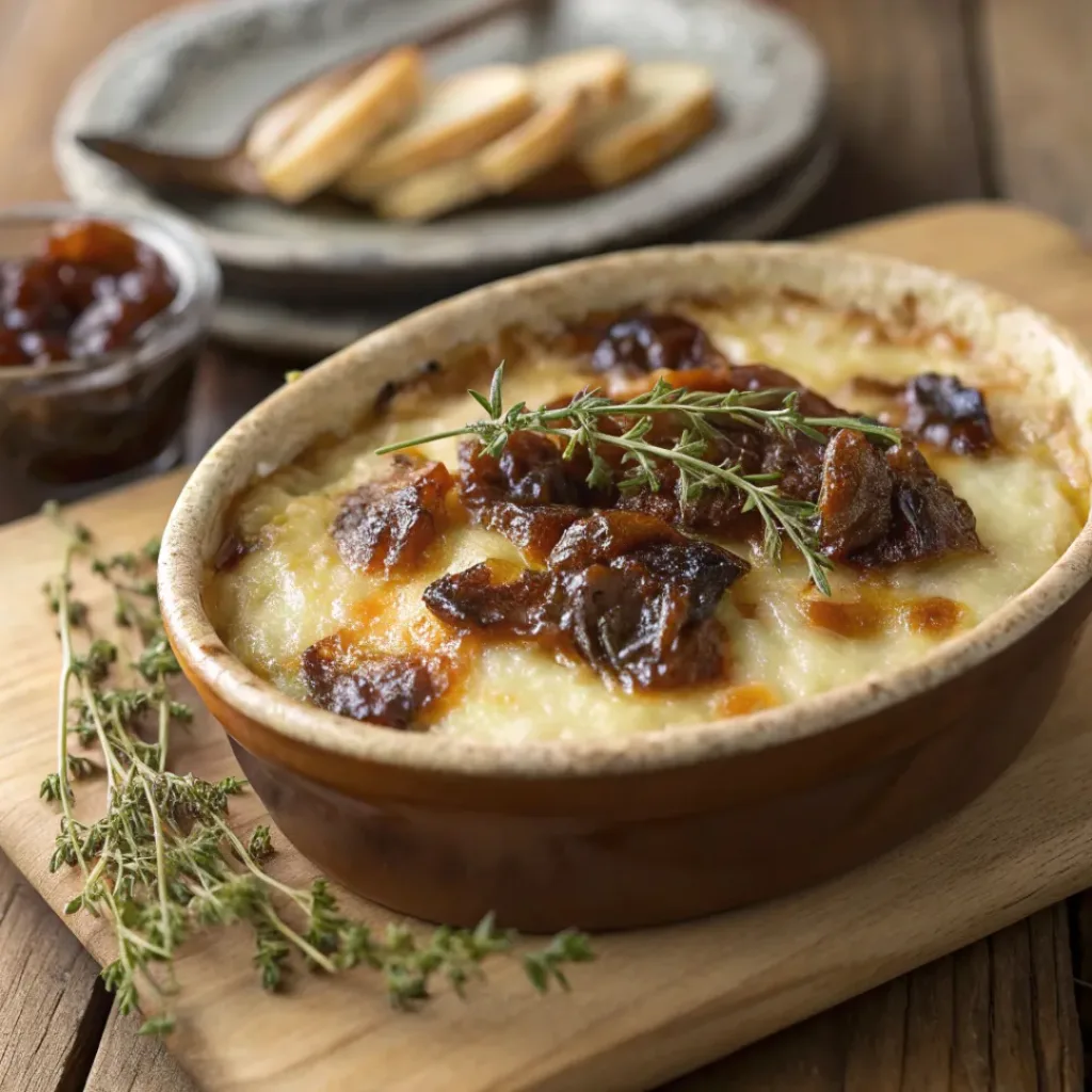 Baked Fontina with caramelized onions and fig jam in a baking dish