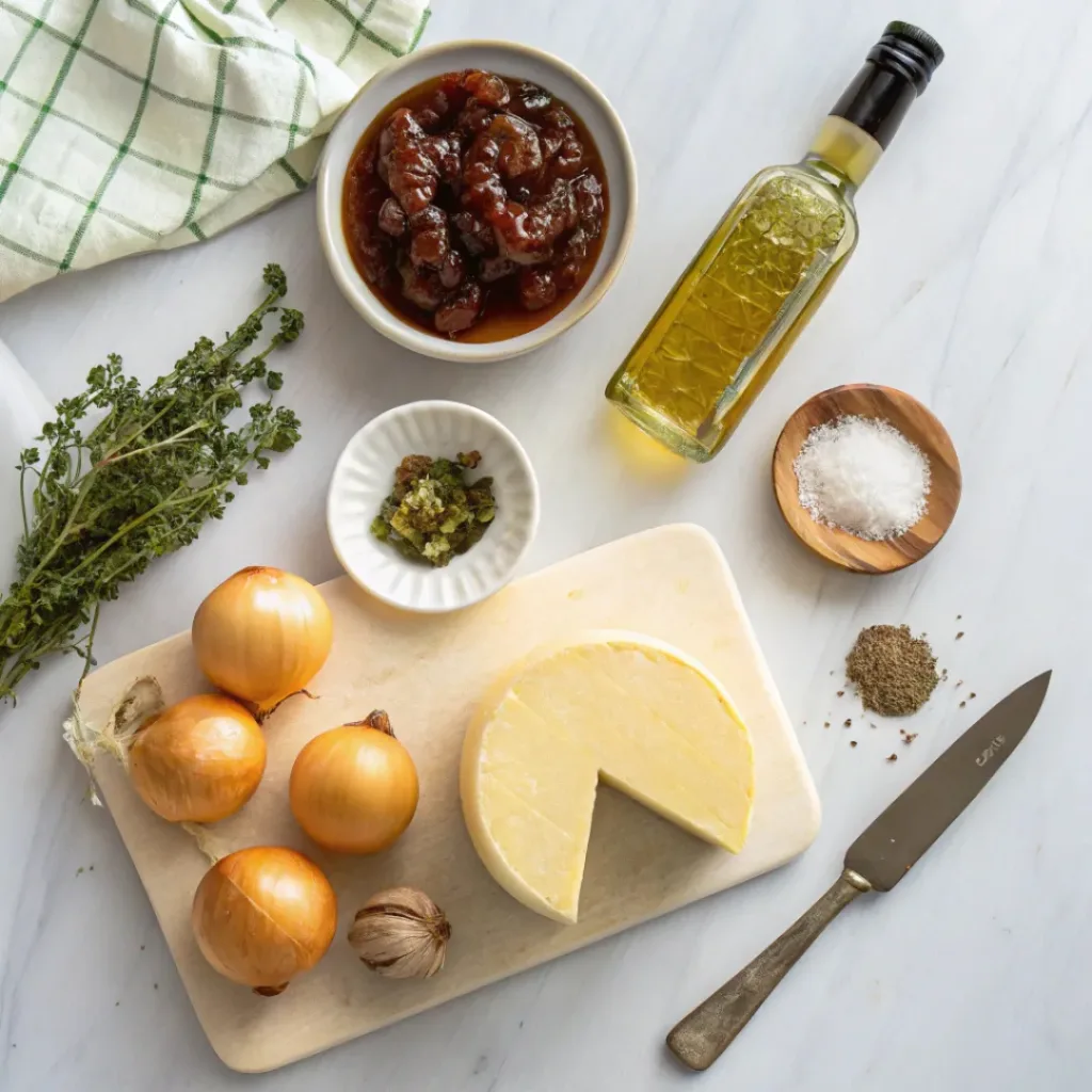 Baked Fontina With Caramelized Onions & Fig Jam 6 Flat lay of ingredients for Baked Fontina with caramelized onions and fig jam