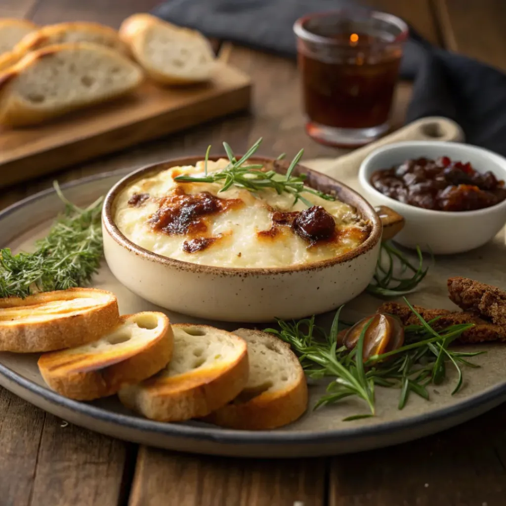 Baked Fontina With Caramelized Onions & Fig Jam 8 Baked Fontina served with caramelized onions, fig jam, and baguette slices