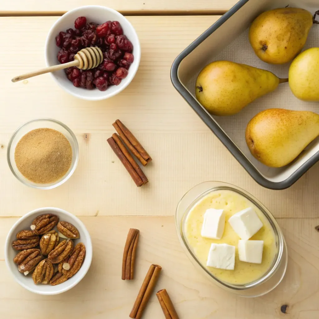 Baked Pears with Honey, Cranberries, and Pecans 6 Overhead flat lay of ingredients for baked pears with honey, cranberries, and pecans