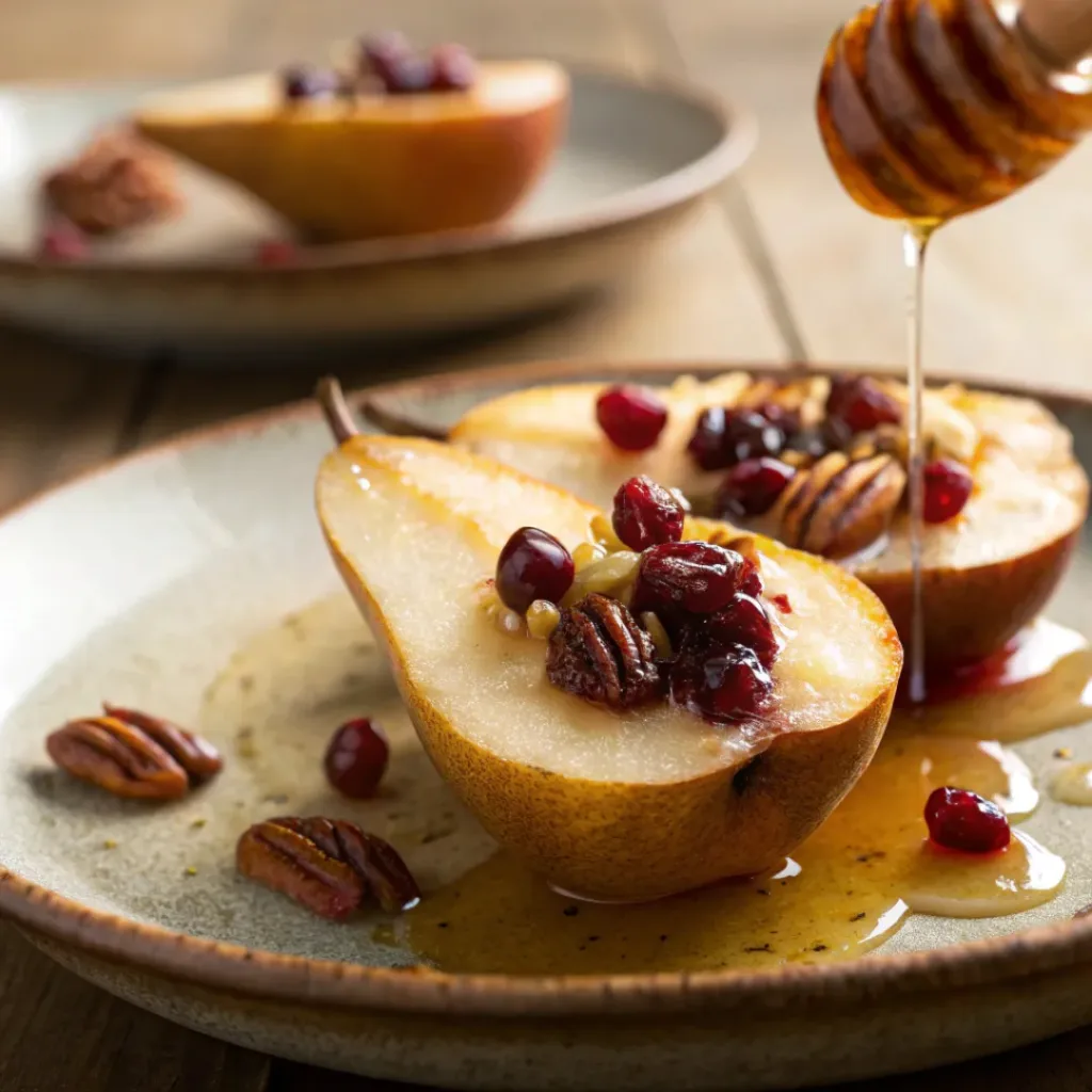 Baked Pears with Honey, Cranberries, and Pecans 8 Baked pears with honey, cranberries, and pecans served with whipped cream