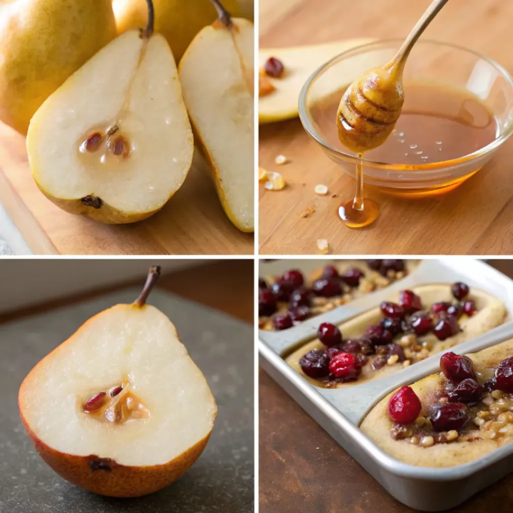 Baked Pears with Honey, Cranberries, and Pecans 7 Step-by-step collage showing preparation of baked pears with honey, cranberries, and pecans