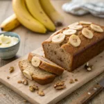 Sliced banana bread loaf with butter and bananas