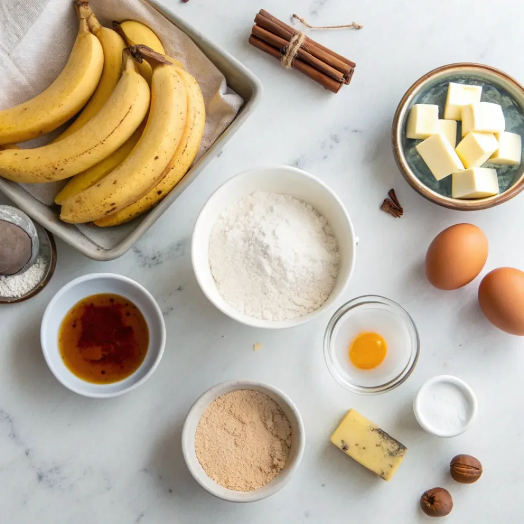 Moist, Soft, and Perfectly Sweet Banana Bread 6 Flat lay of ingredients including bananas, flour, sugar, eggs, and butter