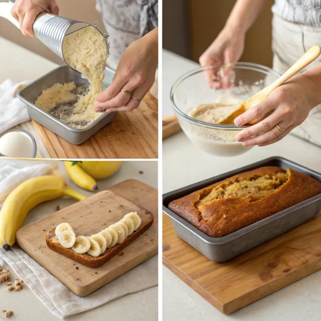 Moist, Soft, and Perfectly Sweet Banana Bread 7 Collage showing steps for making Banana Bread