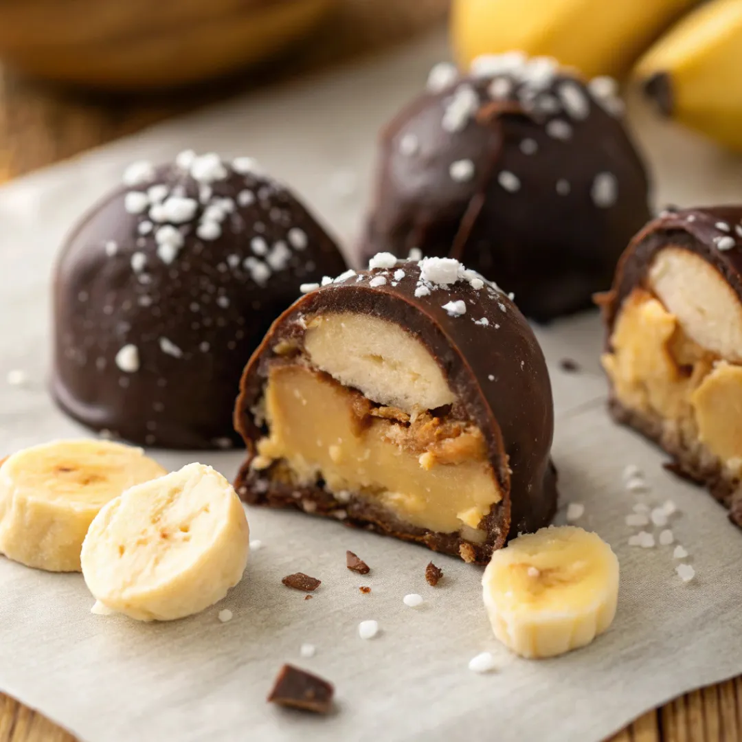 Frozen banana peanut butter yogurt clusters drizzled with chocolate