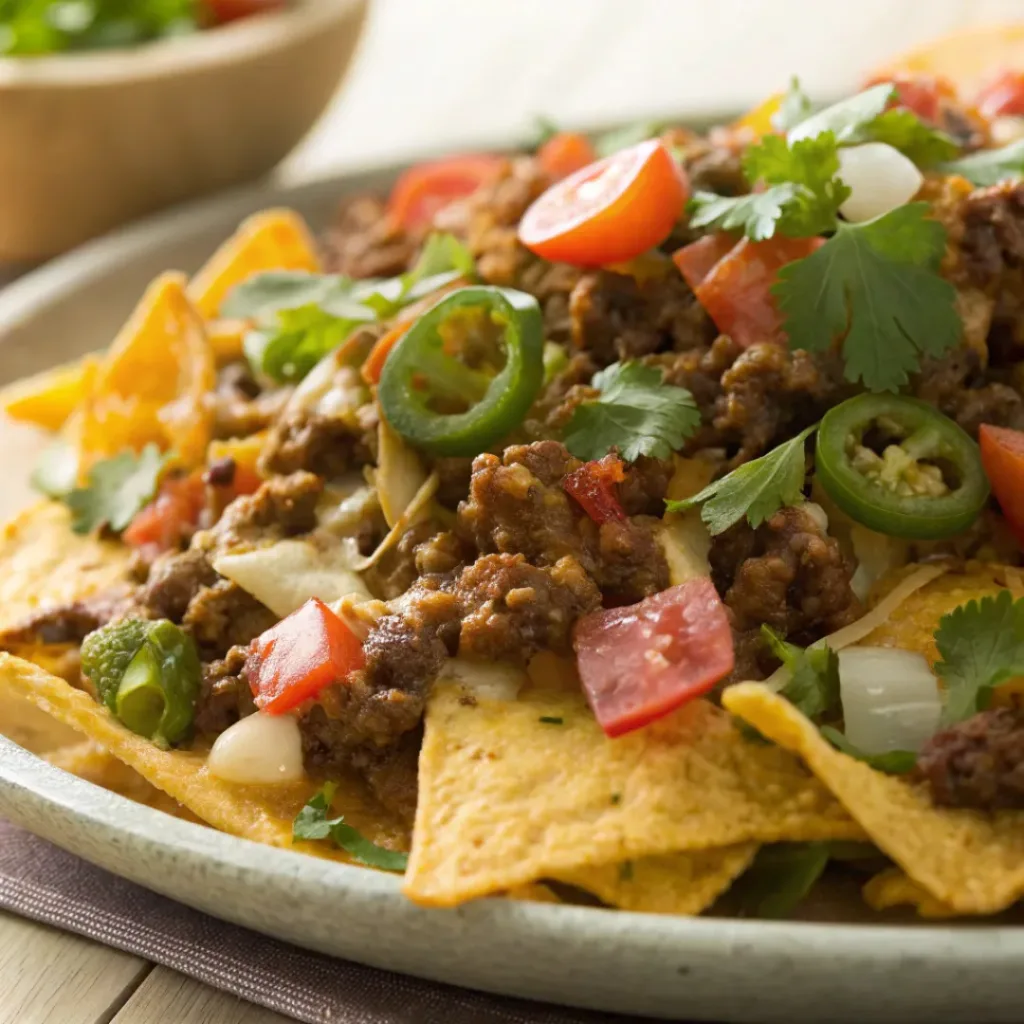 Loaded beef nachos with melted cheese and toppings