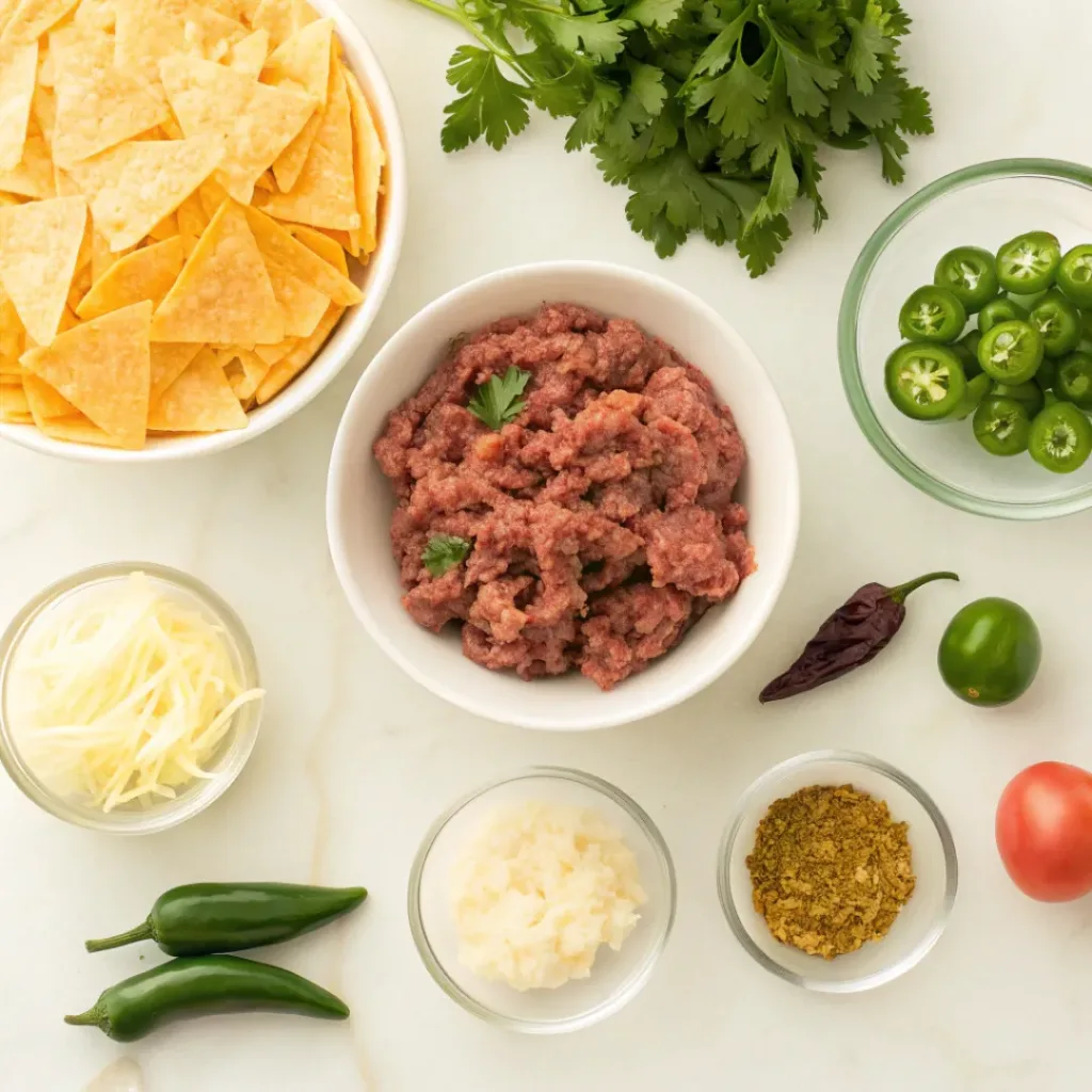 Flat lay of ground beef, cheese, tortillas, and toppings