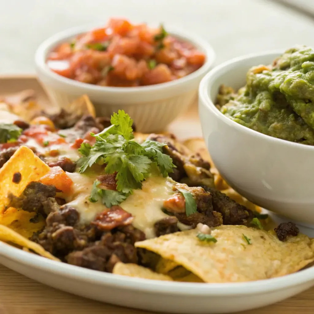 Beef nachos served with guacamole and salsa