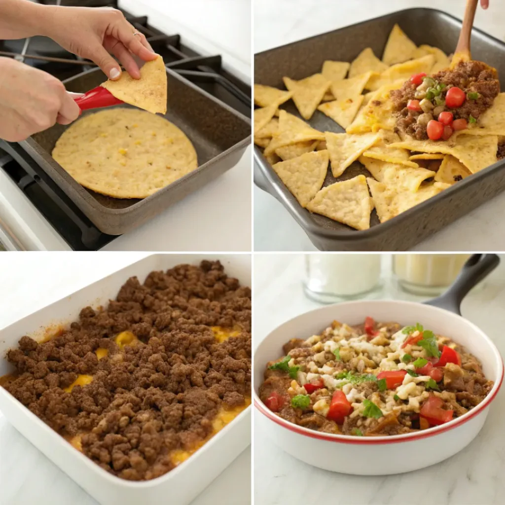 Collage showing steps to make Beef Nachos