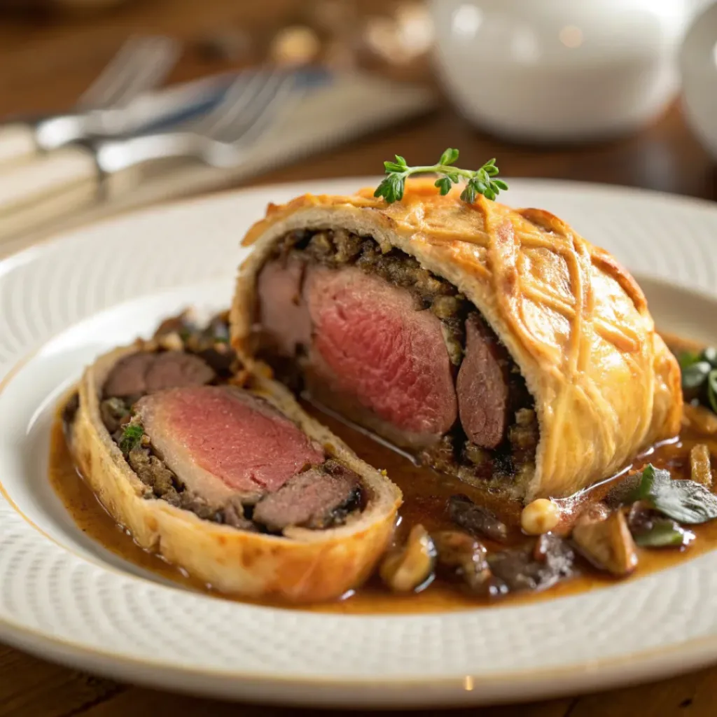 liced Beef Wellington showing juicy beef center