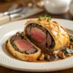 liced Beef Wellington showing juicy beef center