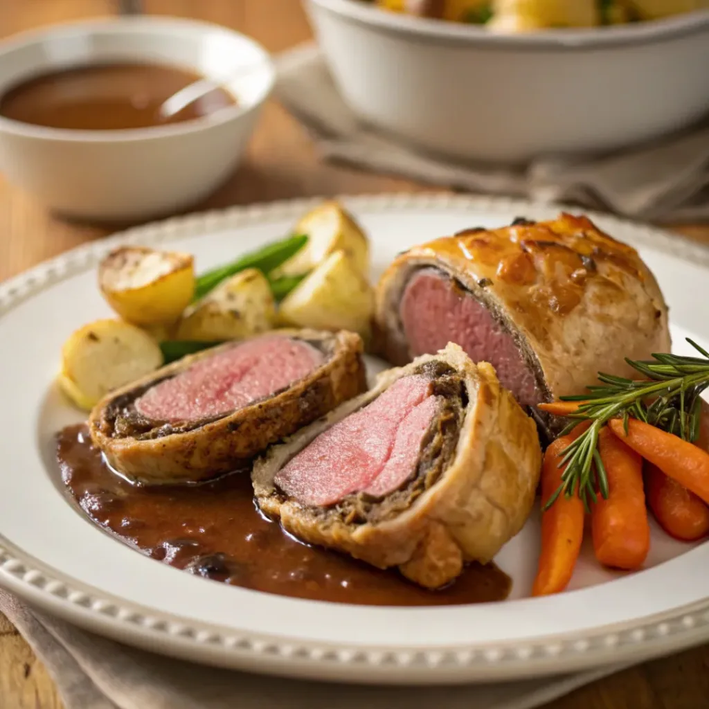 Plated Beef Wellington served with roasted vegetables