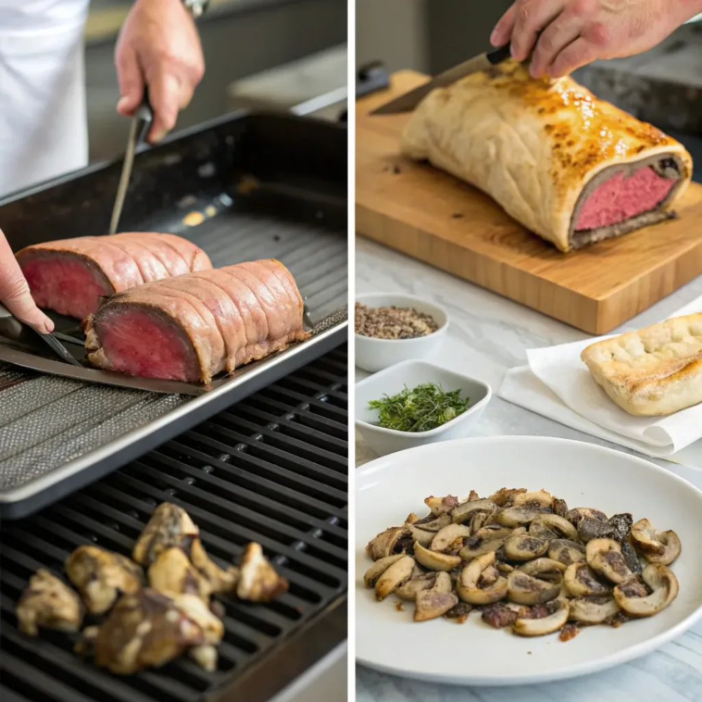 Collage showing steps to make Beef Wellington