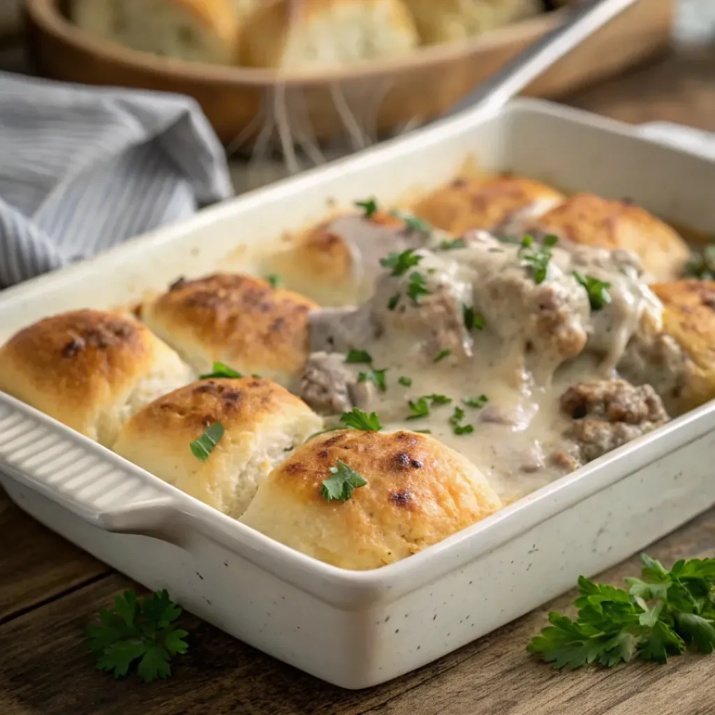 Biscuits and gravy casserole with creamy sausage gravy and melted cheese