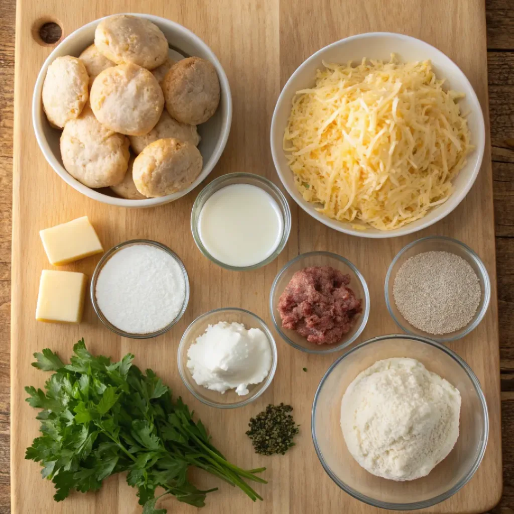 Flat lay of biscuit dough, sausage, milk, butter, cheese, and seasonings for casserole