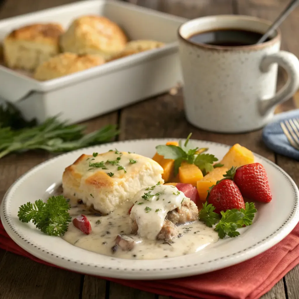 Plate of biscuits and gravy casserole with cheese and parsley, served with fruit