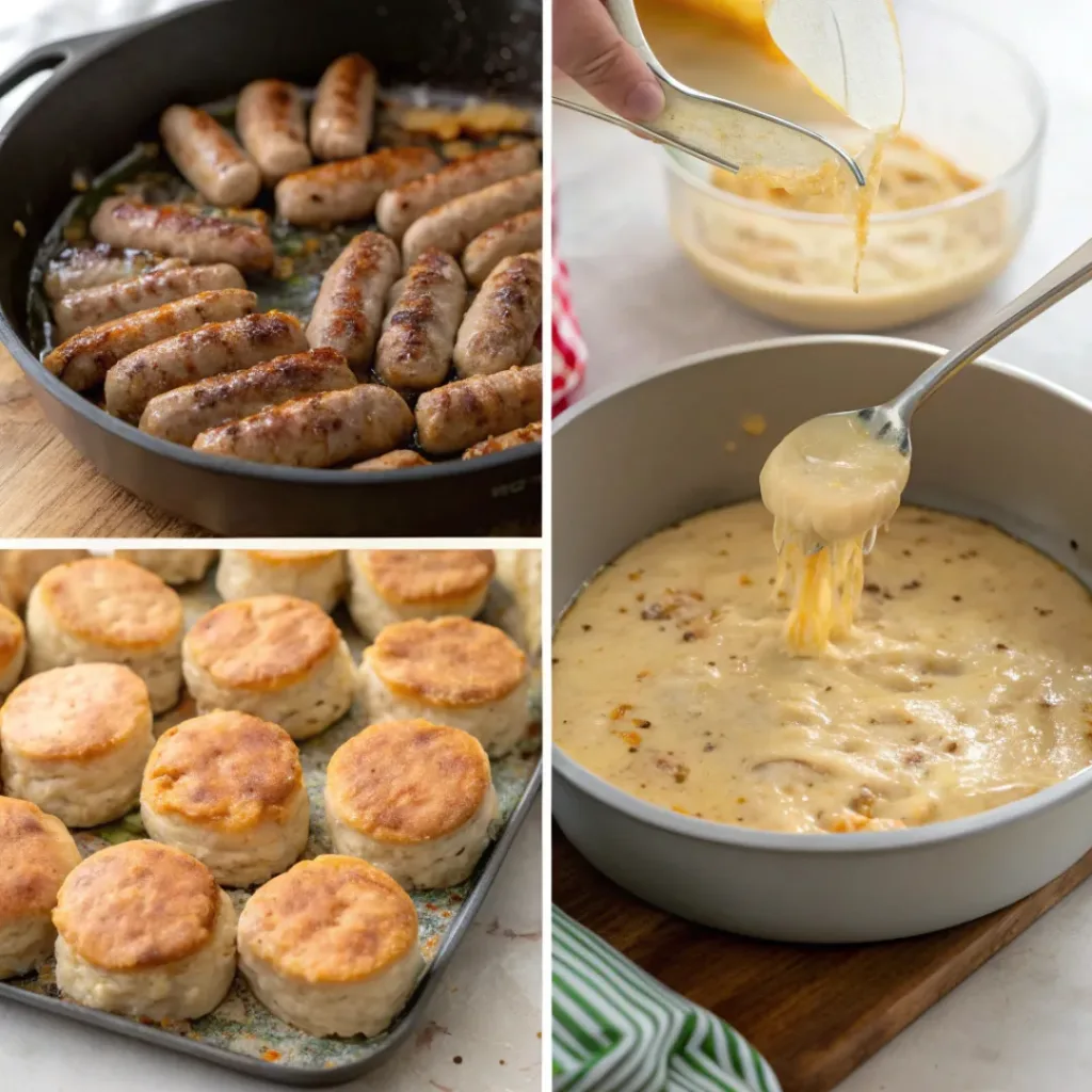 Step-by-step collage showing preparation of biscuits and gravy casserole