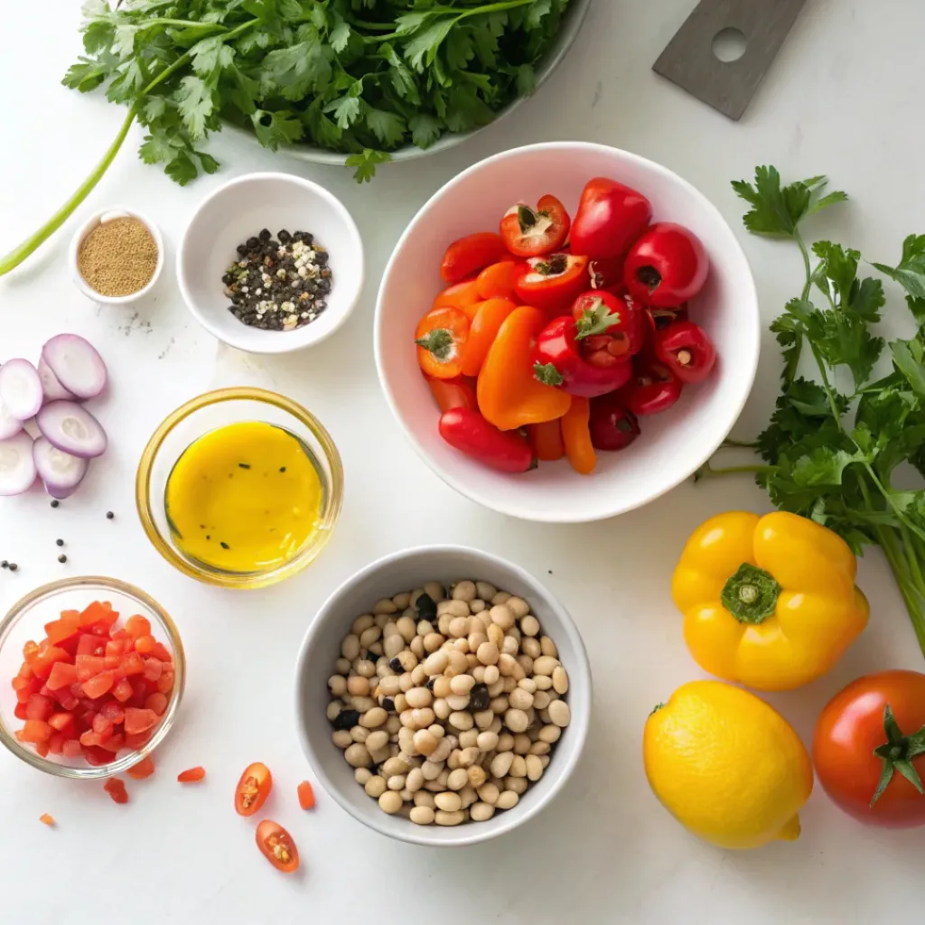 Flat lay of black eyed peas, bell peppers, tomatoes, onion, and herbs