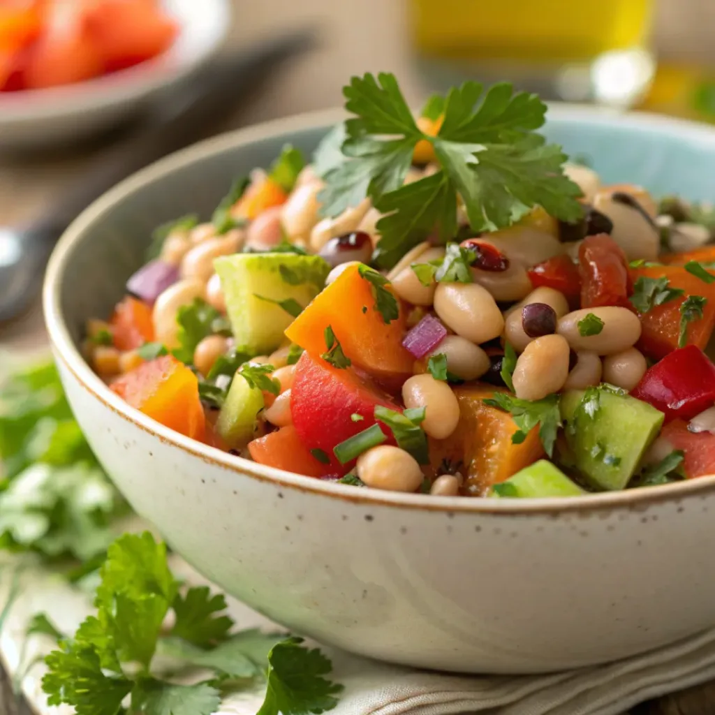 Serving of Black-Eyed Peas Salad on a plate with herbs