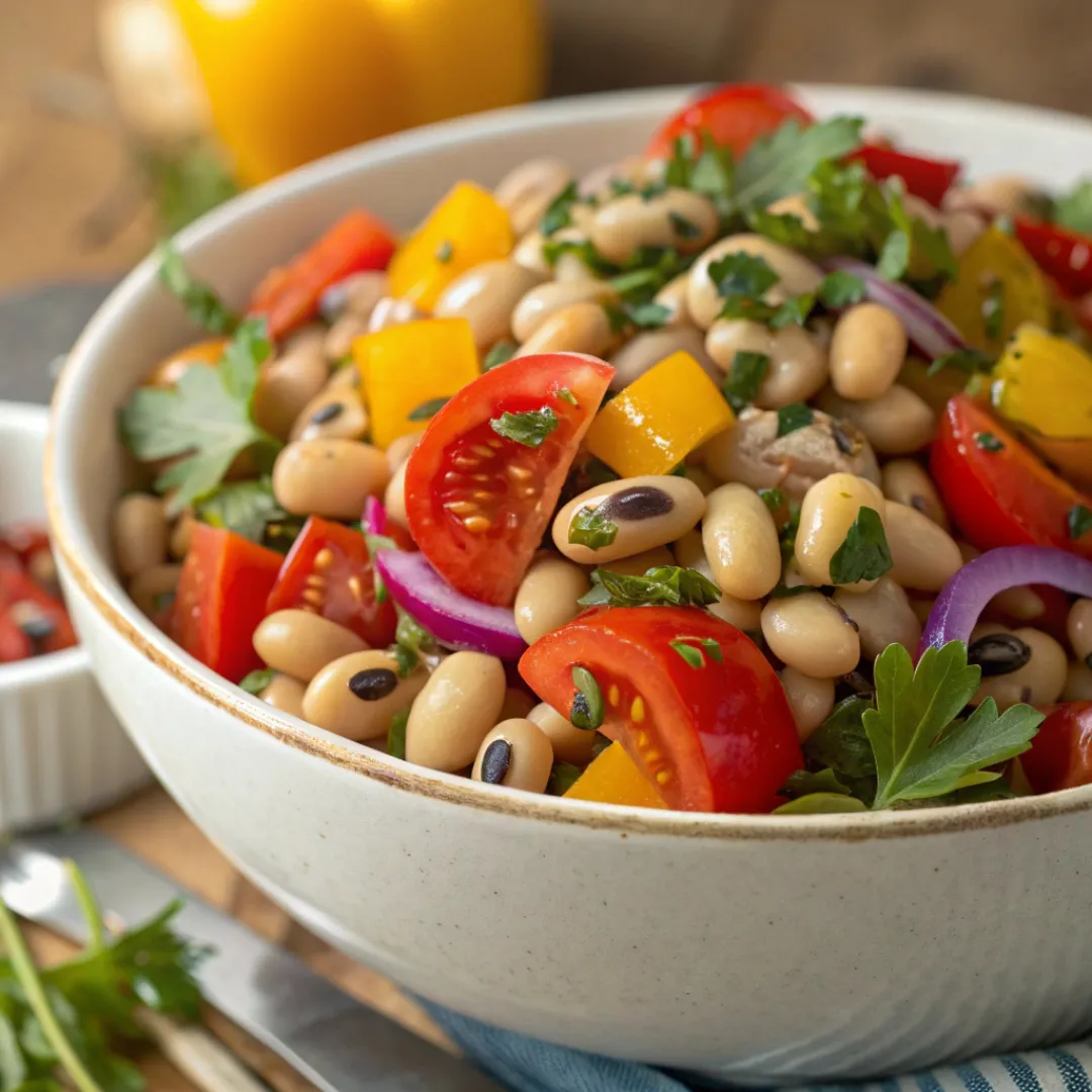 Bowl of fresh black-eyed peas salad with colorful vegetables