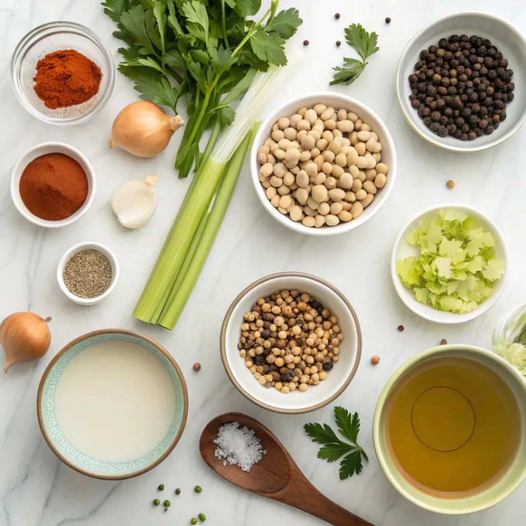 Flat lay of ingredients for Southern black eyed peas including peas, onions, broth, garlic, and seasonings
