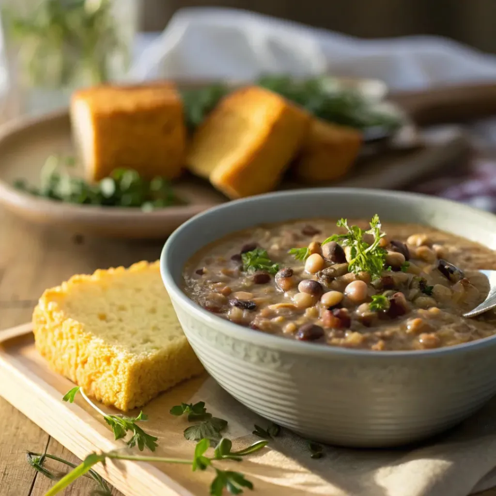 Bowl of creamy black eyed peas served with cornbread